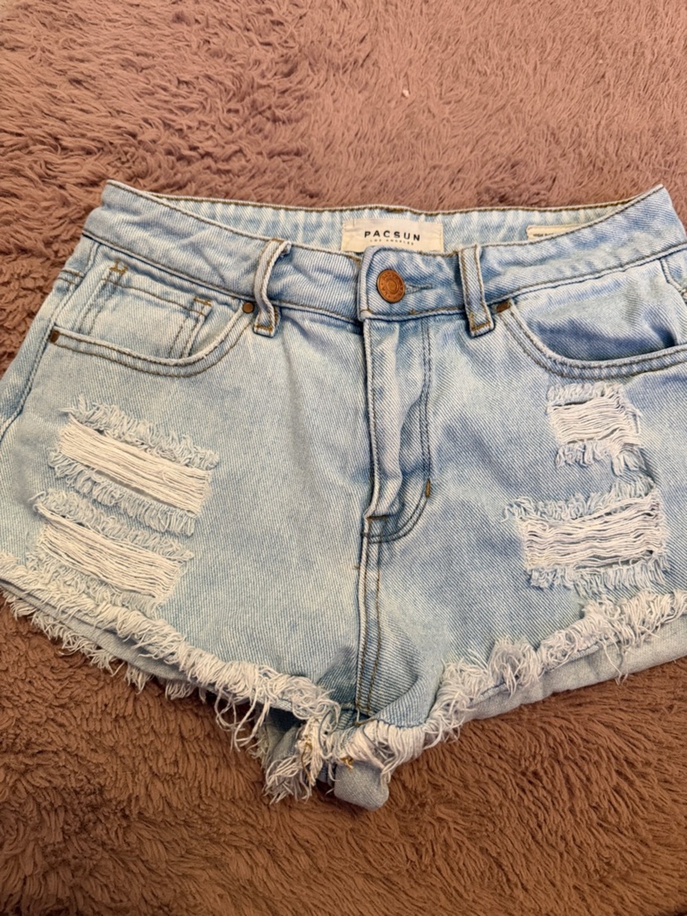 PacSun Light Blue Distressed Denim Shorts high rise festival shorts sz 24